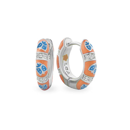 Lady Poof Earrings hoops in orange enamel with blue accents and crystals, Lauren G Adams on Tampa Home & Garden Store
