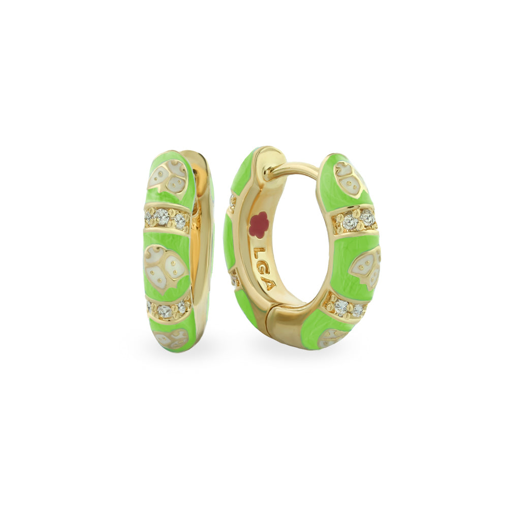 Pair of Lady Poof Earrings lime green enamel on gold hoop with crystals by Lauren G Adams on Tampa Home & Garden Store