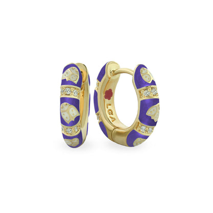 Lady Poof earrings by Lauren G Adams, gold-tone hoops with purple enamel and crystal bands on Tampa Home & Garden Store