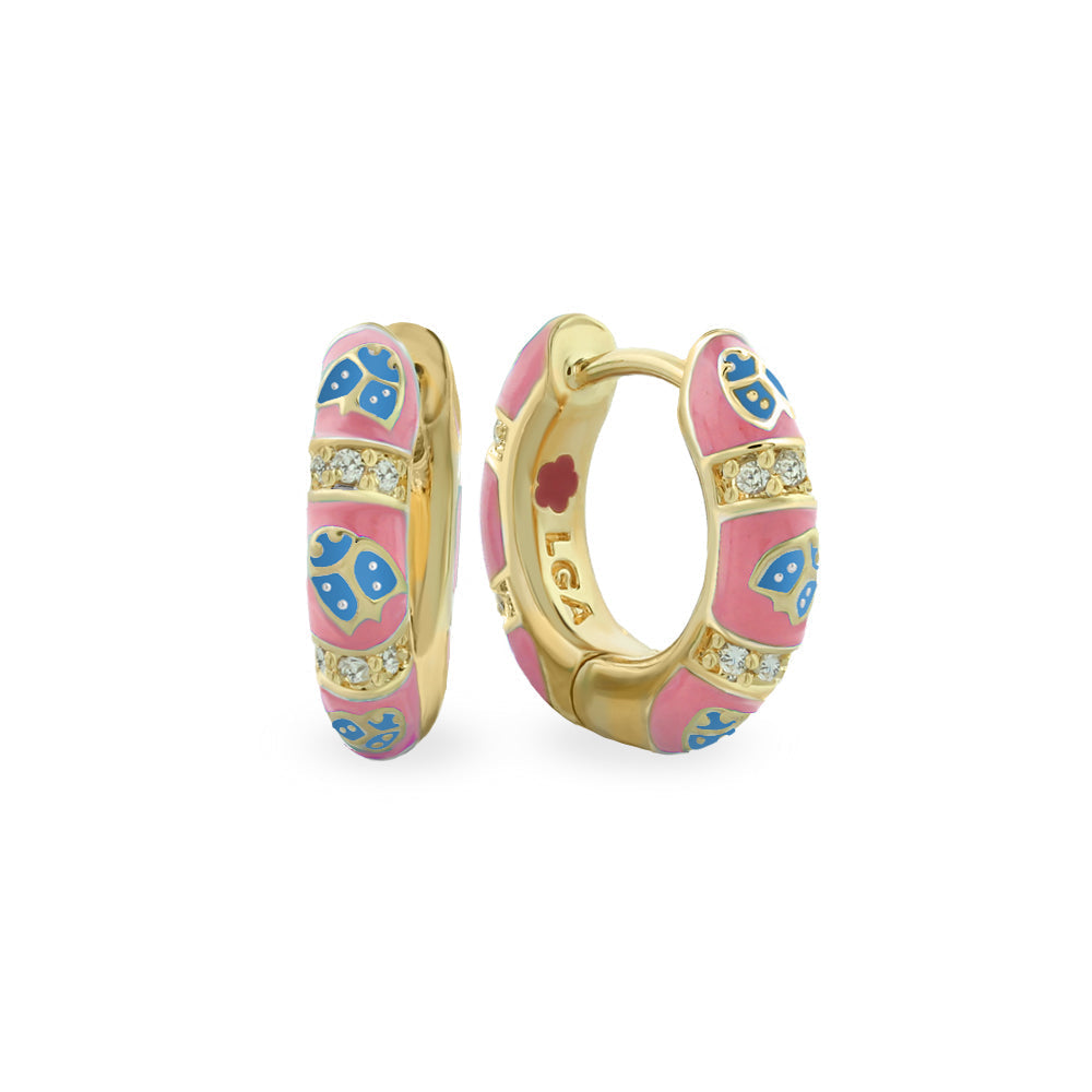 Lady Poof Earrings pink enamel hoops with blue accents and crystal bands by Lauren G Adams on Tampa Home & Garden Store