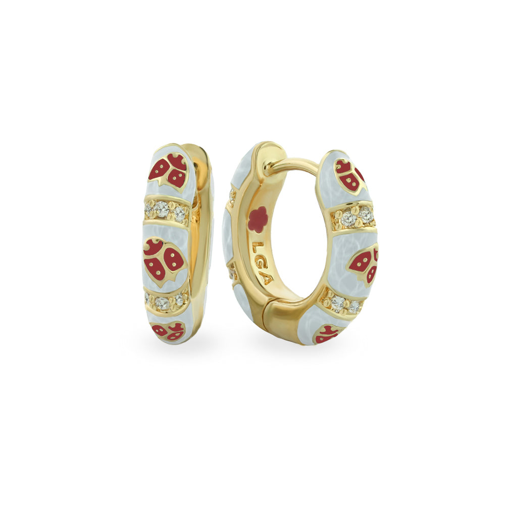 Lady Poof Earrings pair LGA gold hoops with white enamel panels red accents crystals on Tampa Home & Garden Store