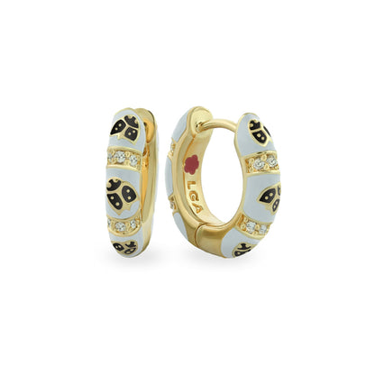 Lady Poof Earrings pair, Lauren G Adams gold-tone hoops with white enamel and crystals, on Tampa Home & Garden Store