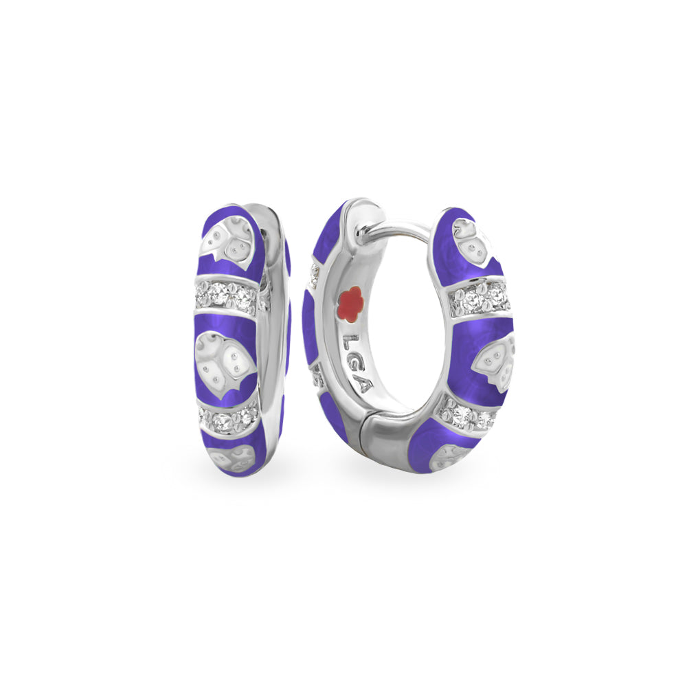 Lady Poof Earrings pair in purple enamel silver-tone hoops with diamonds pavé accents on Tampa Home & Garden Store
