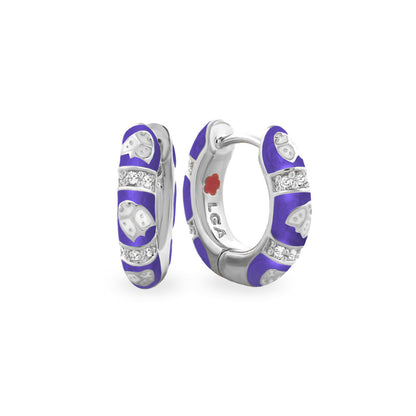 Lady Poof Earrings pair in purple enamel silver-tone hoops with diamonds pavé accents on Tampa Home & Garden Store