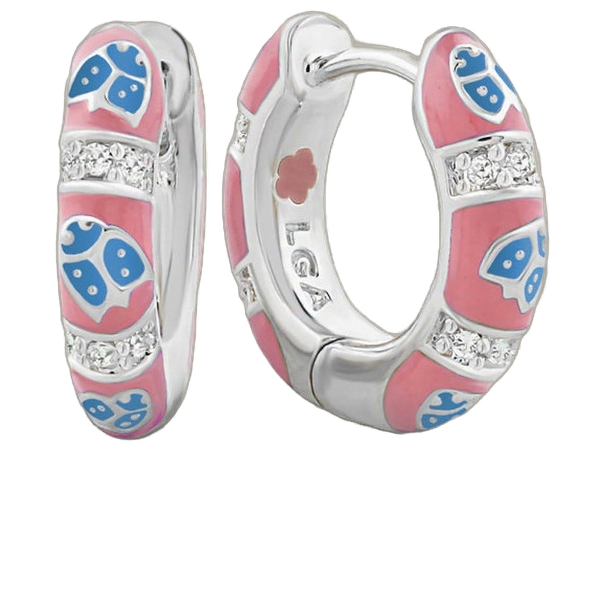 Lady Poof Earrings pink enamel hoops with crystal-studded band and blue accents on Tampa Home & Garden Store
