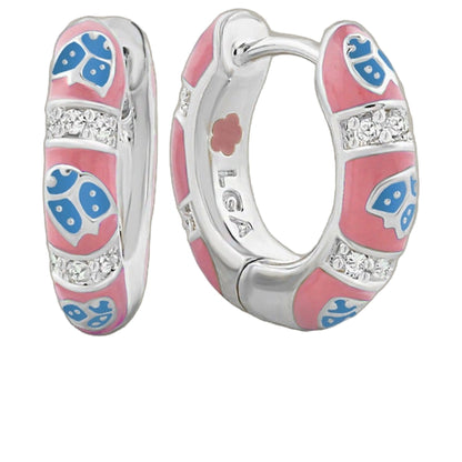 Lady Poof Earrings pink enamel hoops with crystal-studded band and blue accents on Tampa Home & Garden Store