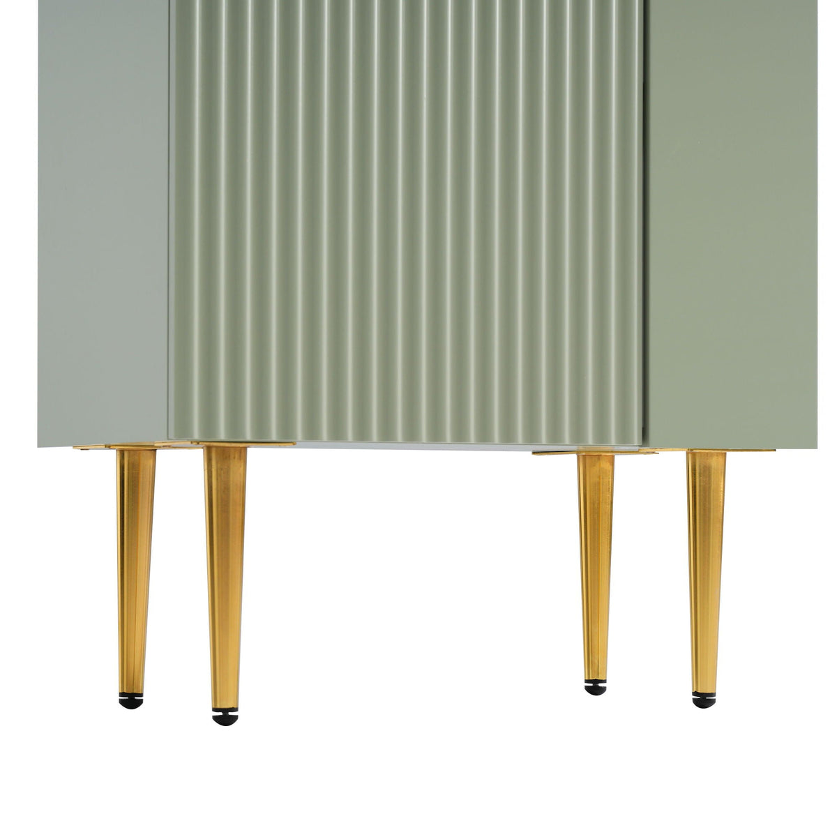 Bathroom vanity with ribbed front panel in sage gray and gold tapered legs on Tampa Home & Garden Store