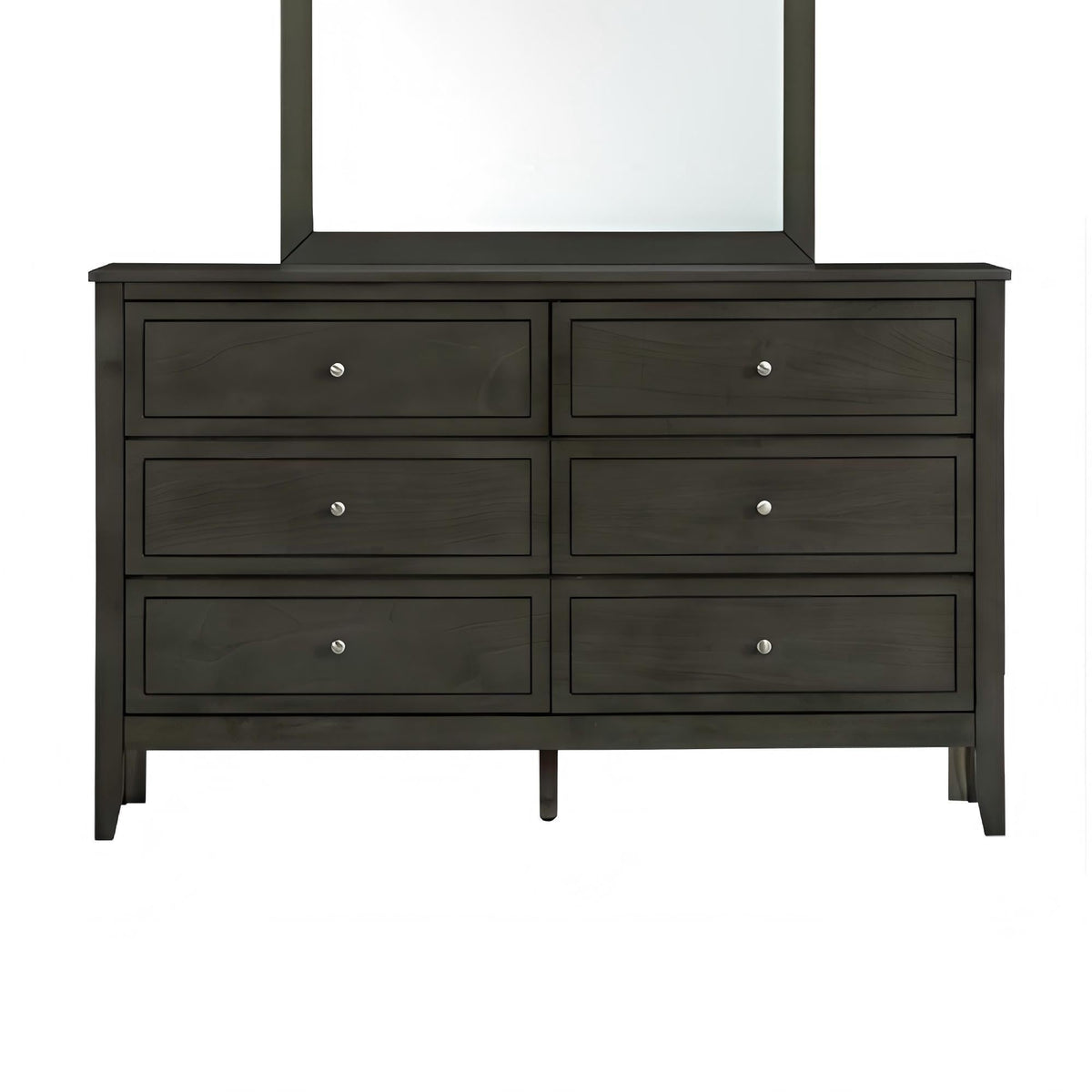 Espresso six-drawer dresser with framed mirror and silver knob pulls on Tampa Home & Garden Store