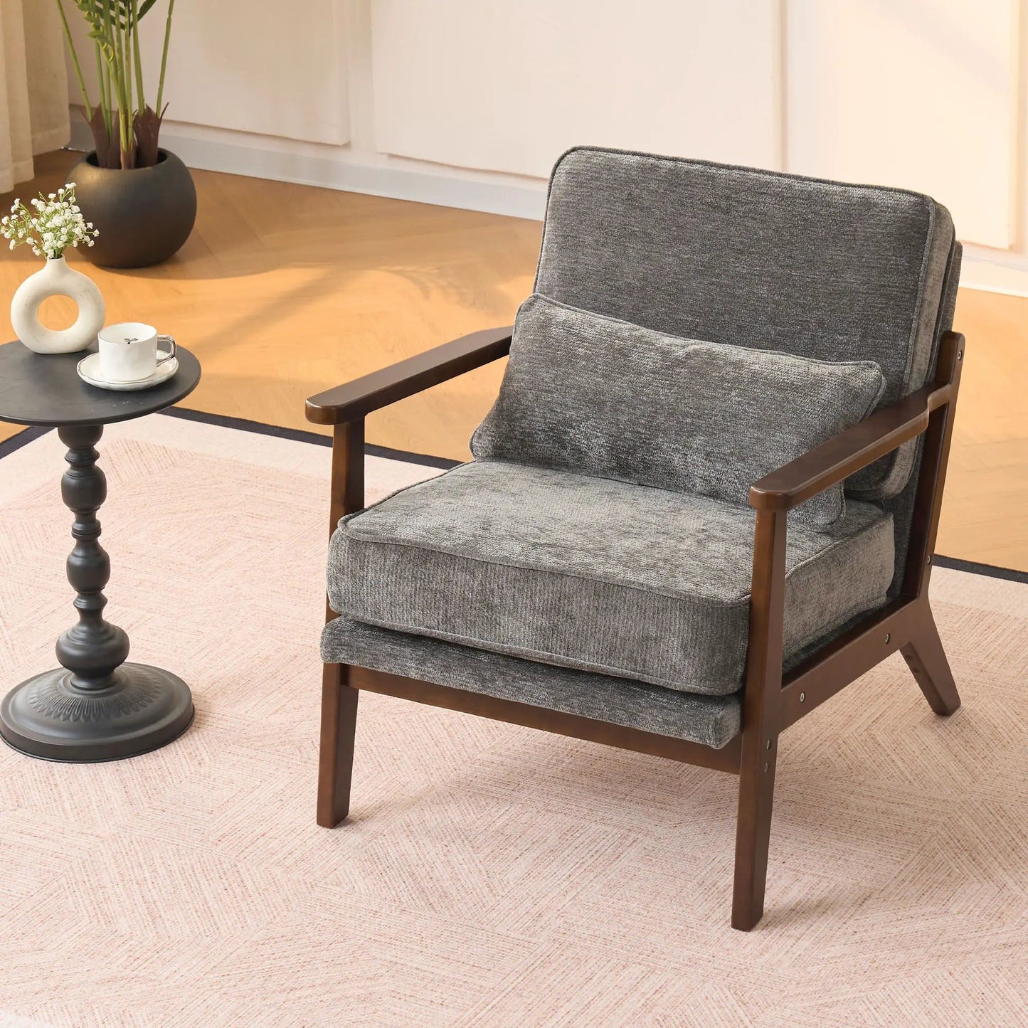 Living Room Chair with Lumbar Pillow Mid Century