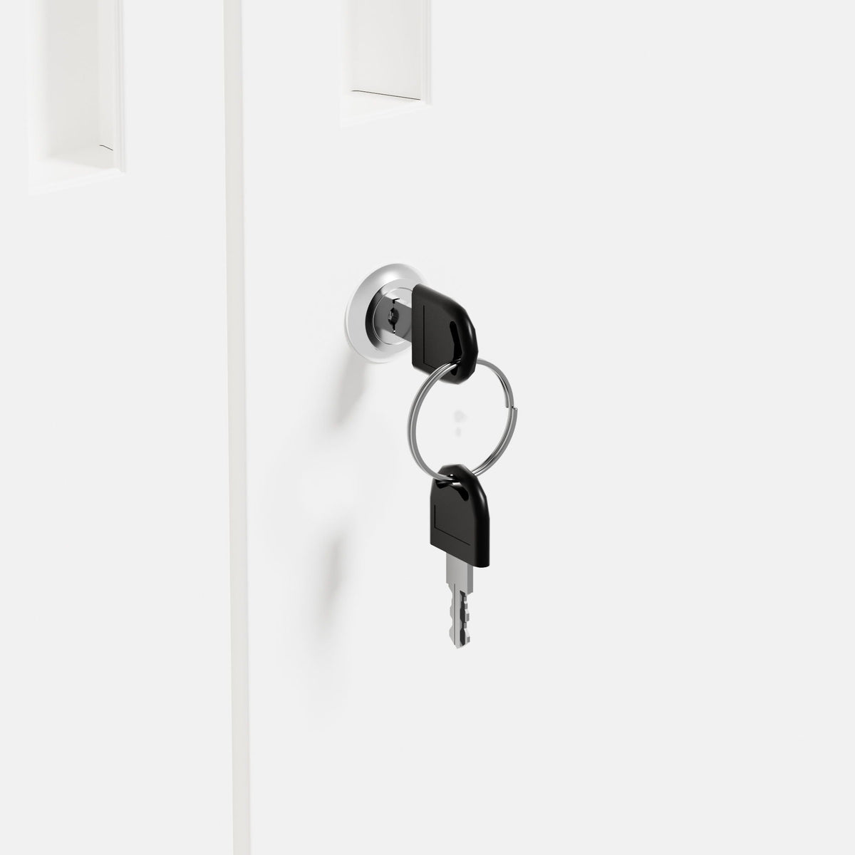 Locking steel storage cabinet lock closeup with key on chrome escutcheon by HouseOfZazla on Tampa Home & Garden Store
