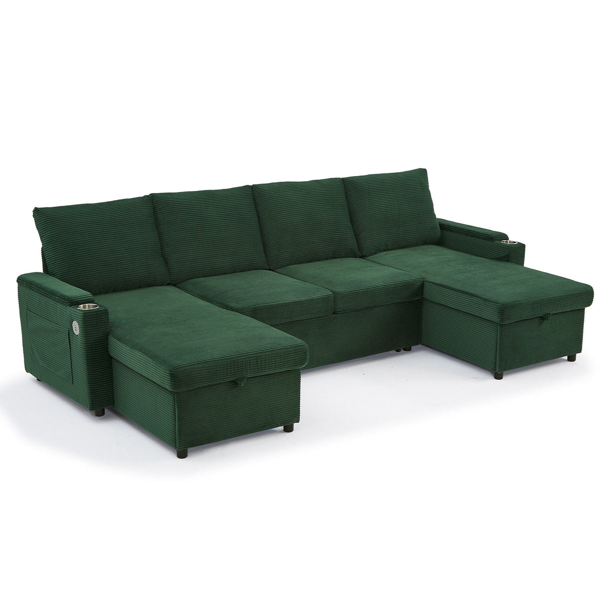 HouseOfZazla U-shaped sleeper sectional with storage chaise and cup holders in green on Tampa Home & Garden Store