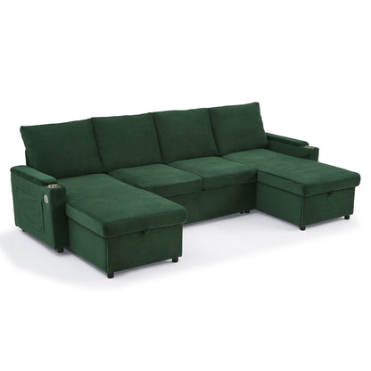 HouseOfZazla U-shaped sleeper sectional with storage chaise and cup holders in green on Tampa Home & Garden Store