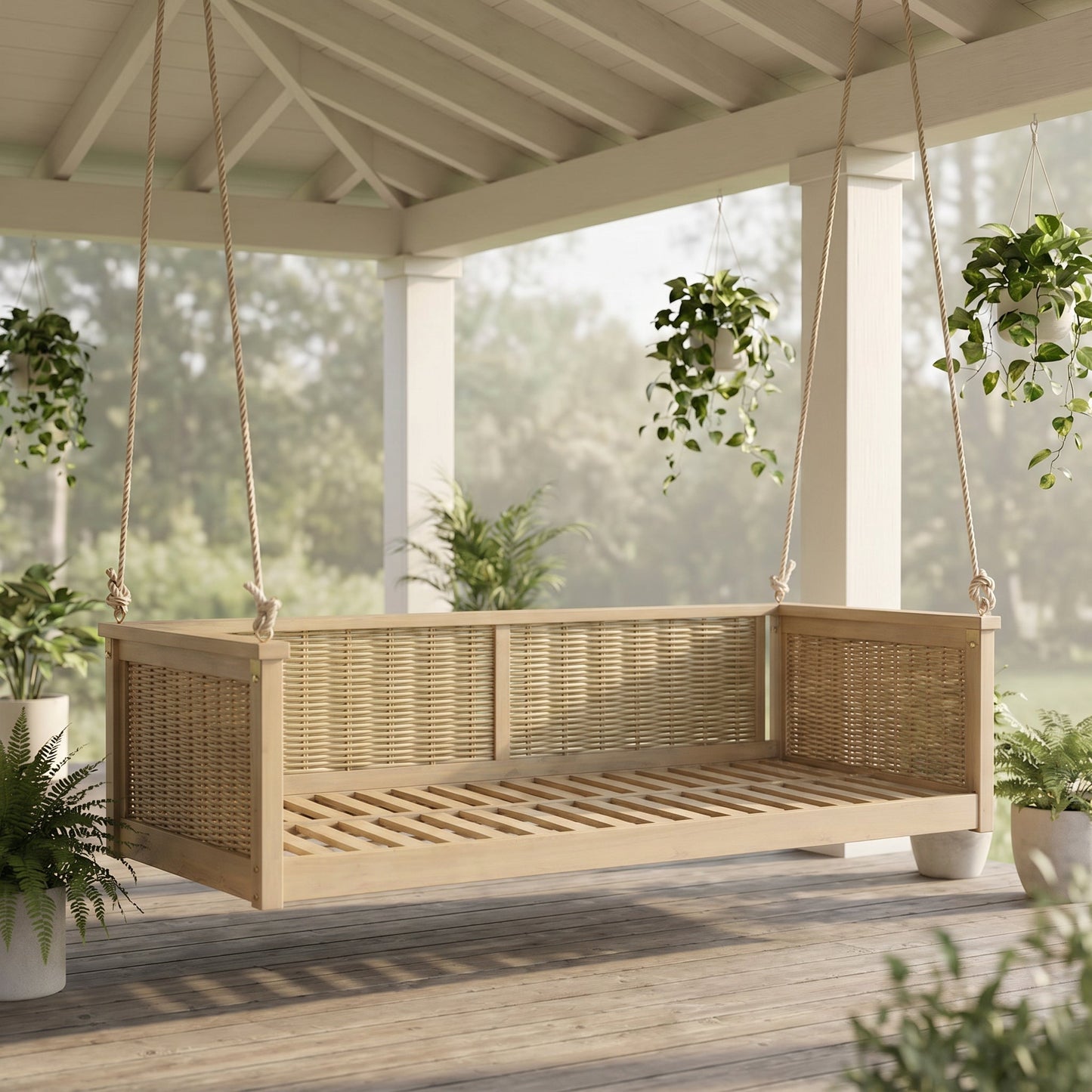 Classic Outdoor Acacia Wood Twin Swing Bed for Porch