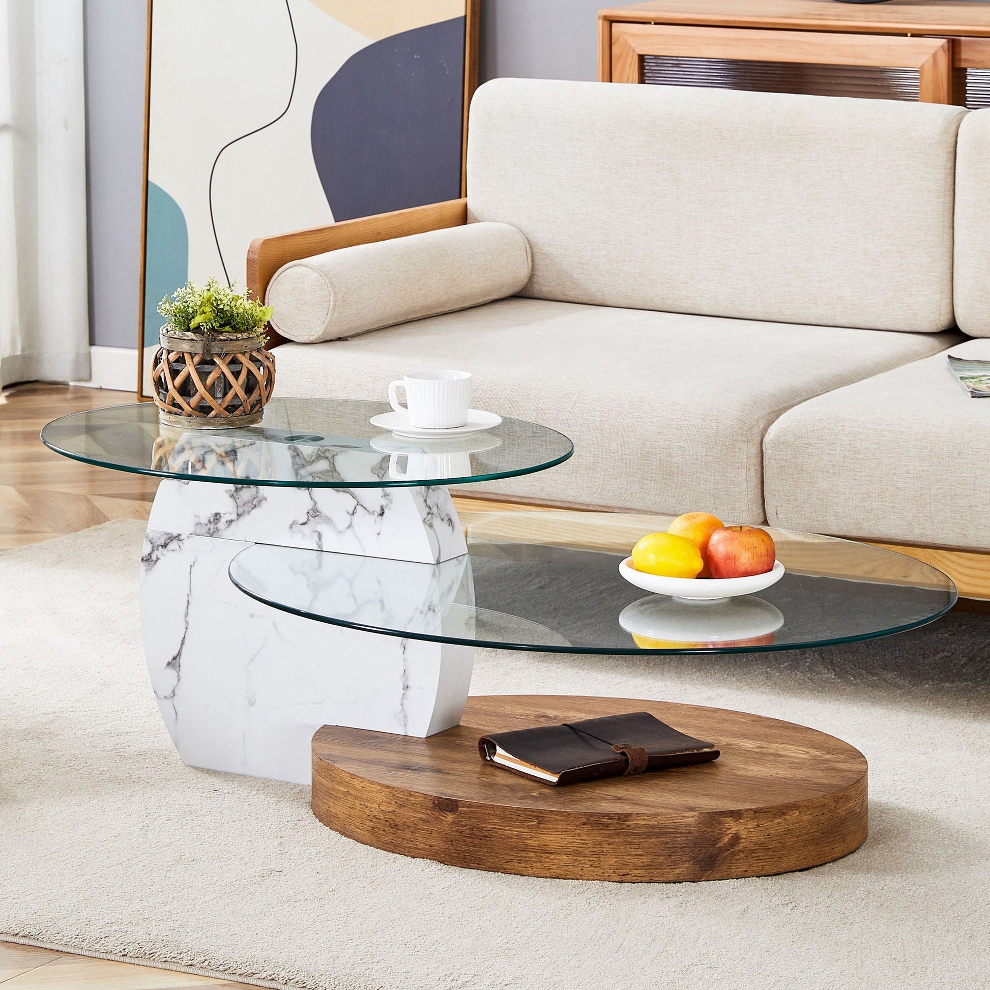 Contemporary double-layer coffee table with tempered glass top and white marble base on Tampa Home & Garden Store