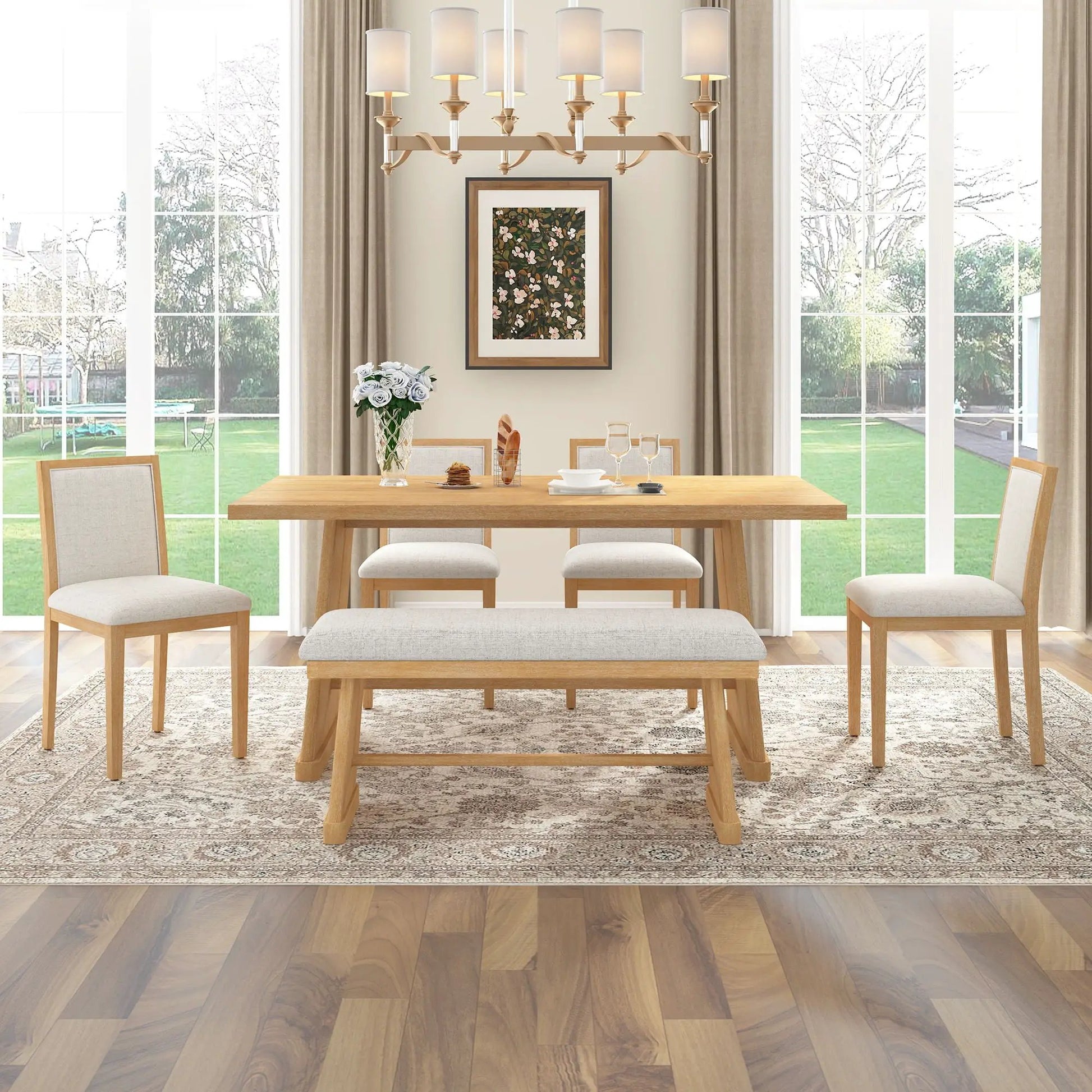 Dining set with rectangular wooden table, 4 upholstered chairs, and 1 padded bench on Tampa Home & Garden Store