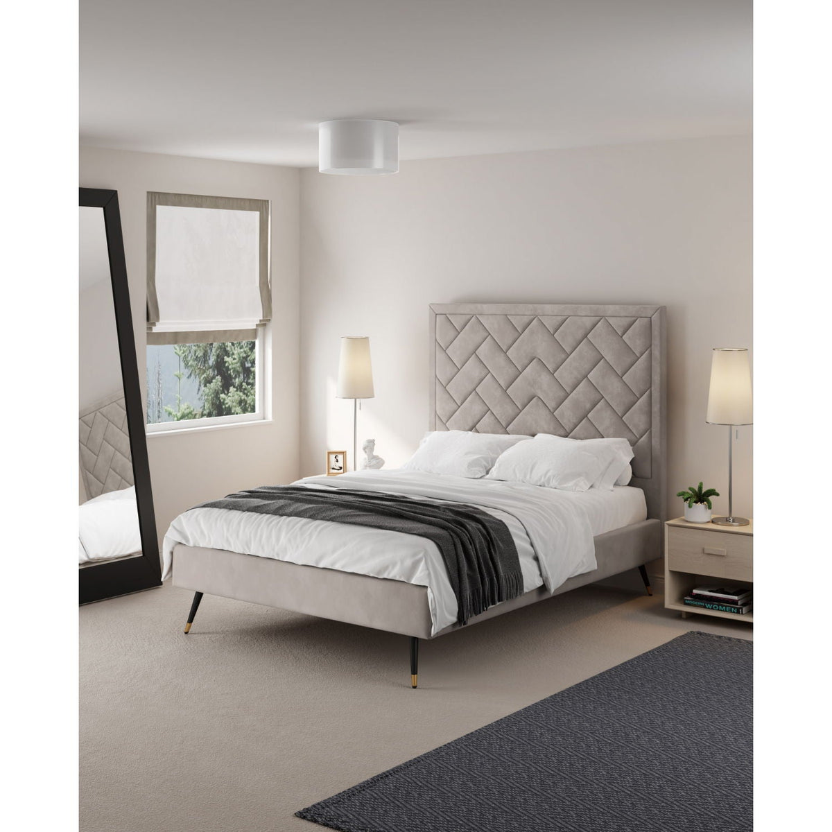 Crosby upholstered bed by HouseOfZazla with gray tufted headboard and neutral bedding on Tampa Home & Garden Store