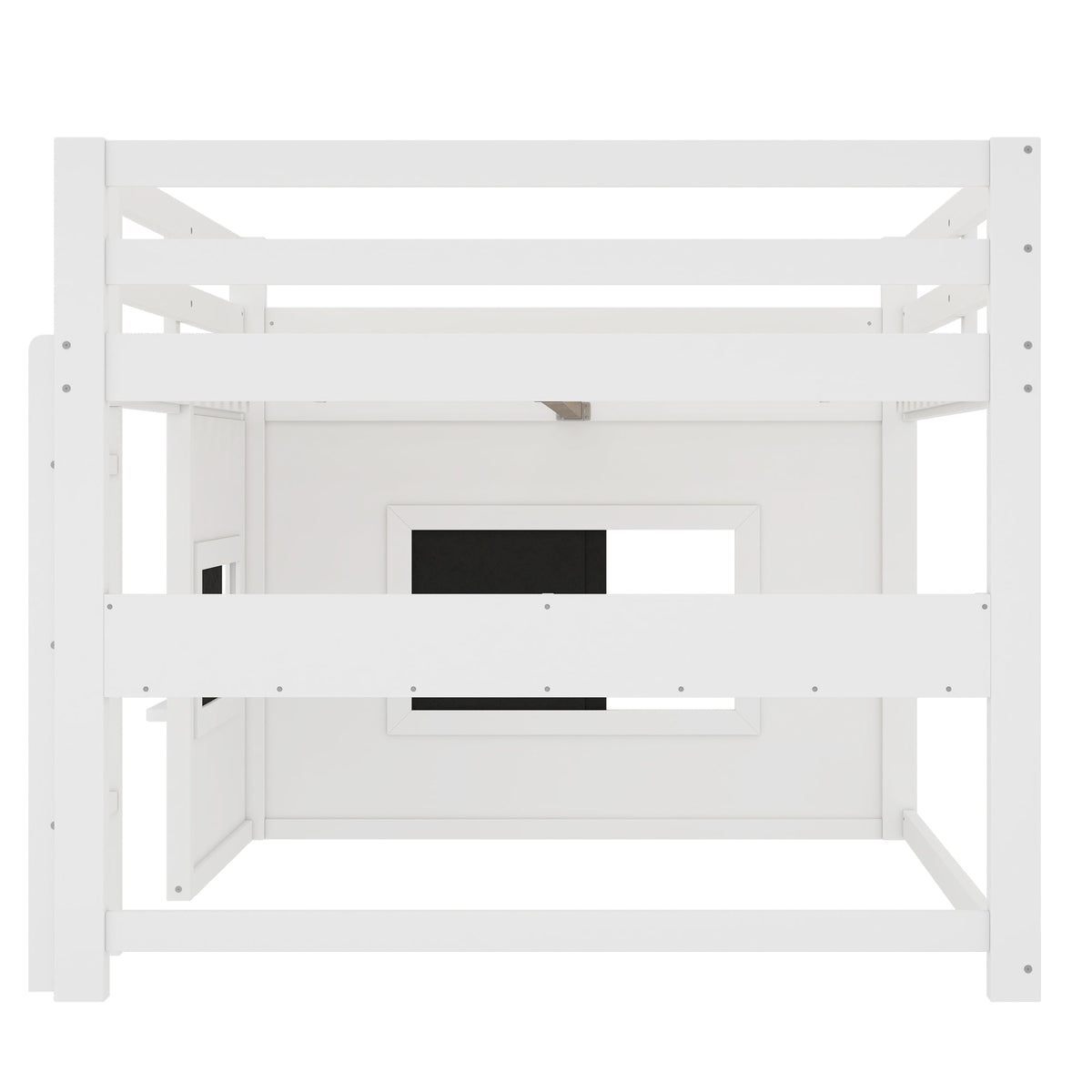 Full-size white loft bed with sliding chalkboard panel, HouseOfZazla bed frame on Tampa Home & Garden Store