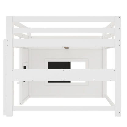 Full-size white loft bed with sliding chalkboard panel, HouseOfZazla bed frame on Tampa Home & Garden Store