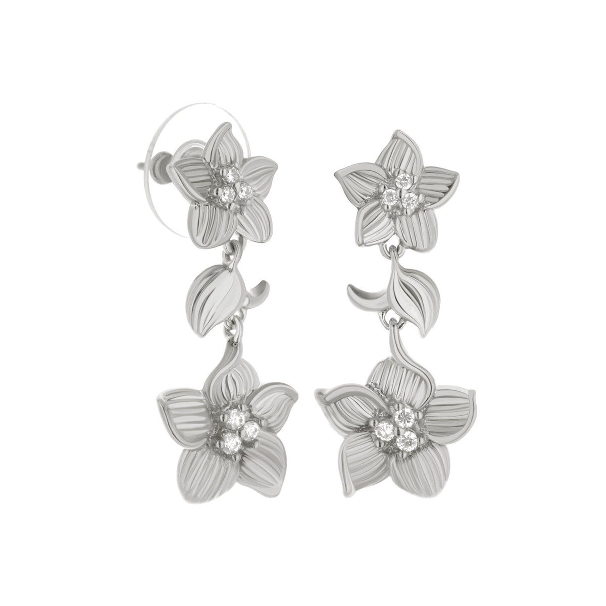 Pair of Classic CZ flower dangle earrings in silver-tone with crystal centers on Tampa Home & Garden Store