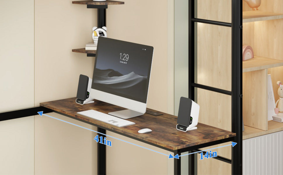 Twin Size Loft Bed Frame with Storage desk in wood top and black metal frame with two speakers on Tampa Home & Garden Store