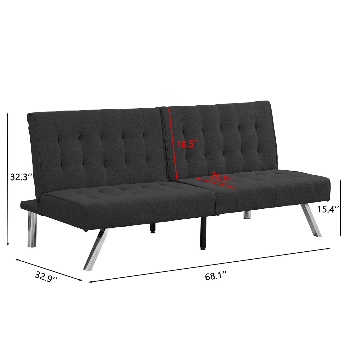 Futon Sofa Bed Unique Piece Furniture dark gray fabric, tufted back, metal legs, 68.1 in long on Tampa Home & Garden Store
