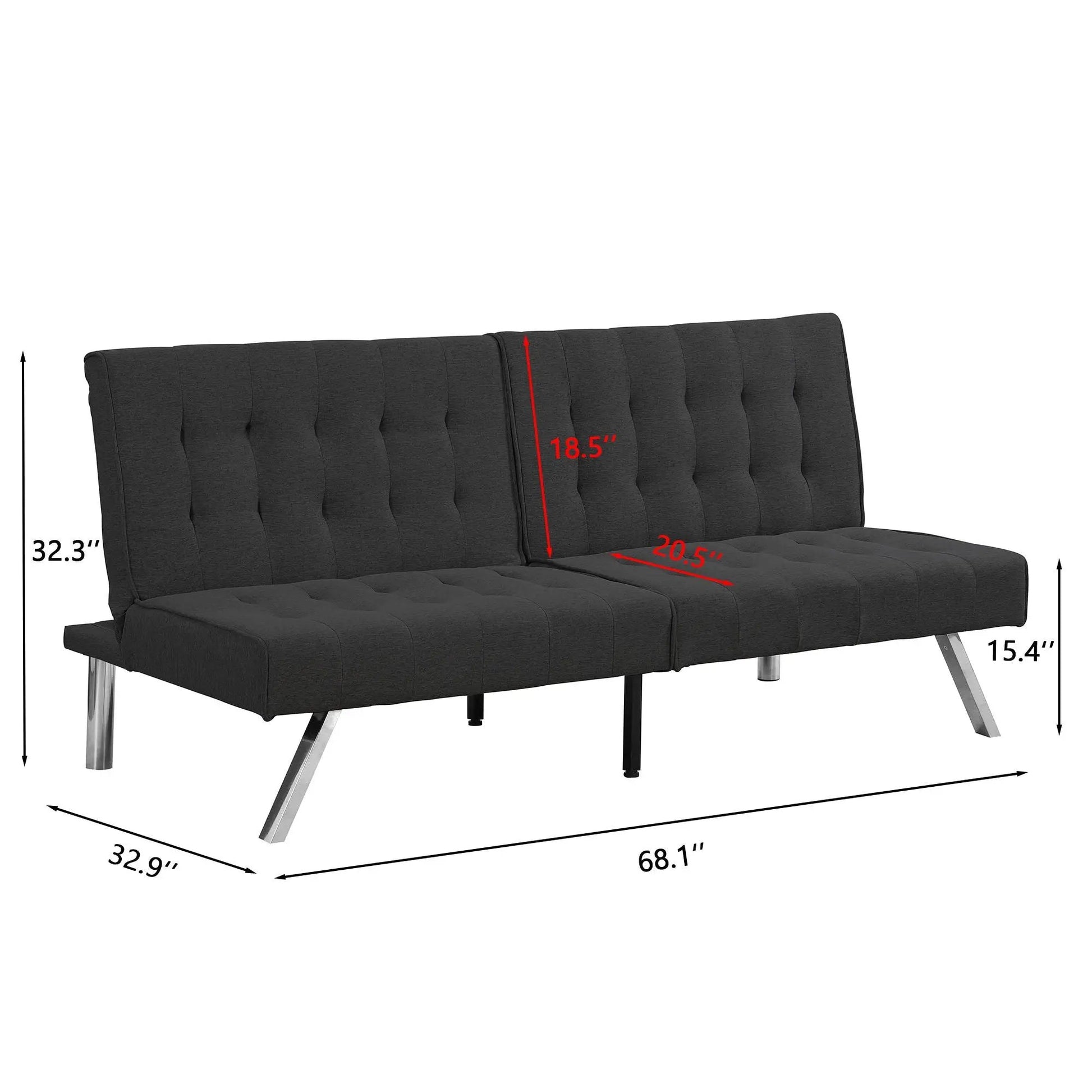 Futon Sofa Bed Unique Piece Furniture dark gray fabric, tufted back, metal legs, 68.1 in long on Tampa Home & Garden Store