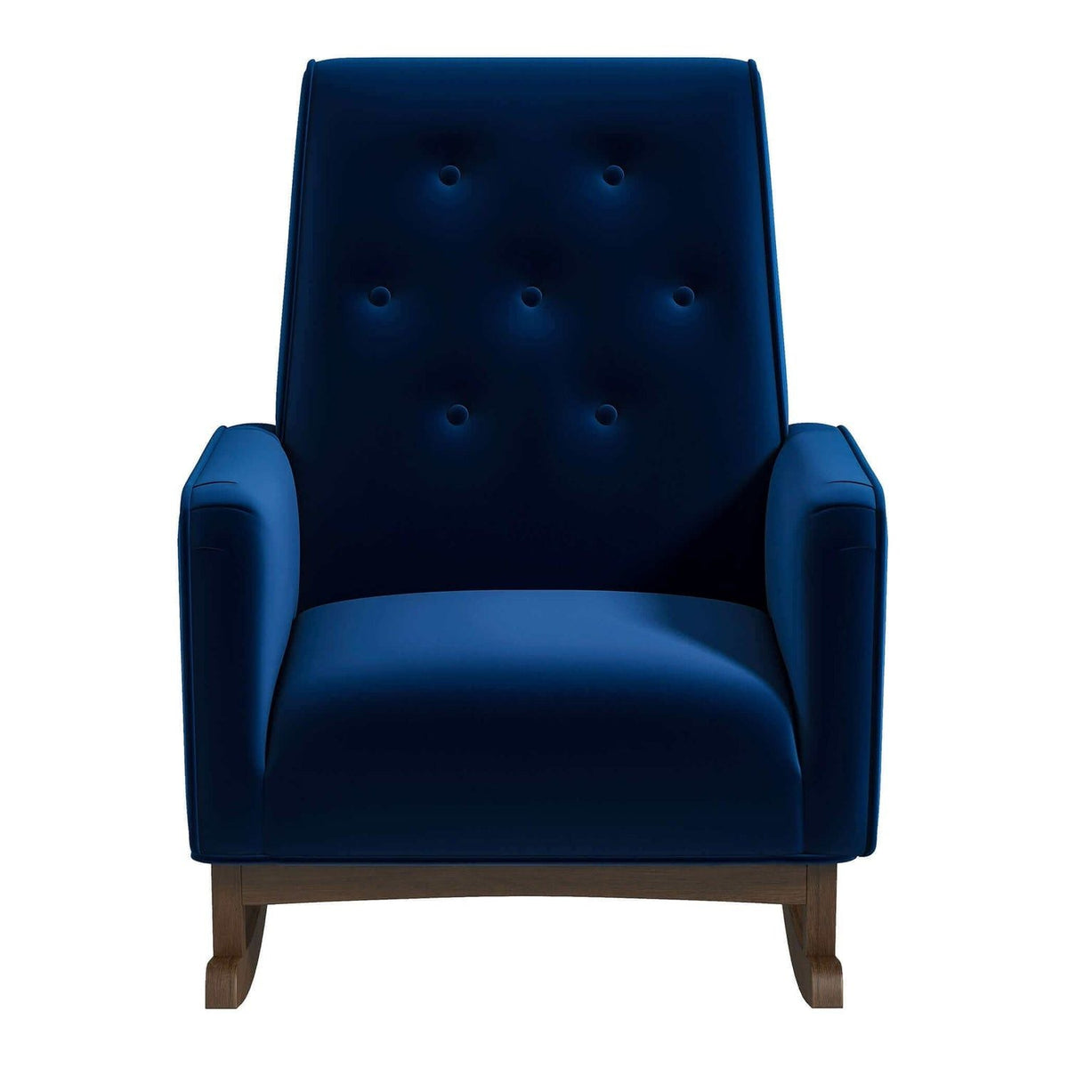 Demetrius Solid Wood Rocking Chair in blue tufted-back upholstery with wooden rockers on Tampa Home & Garden Store