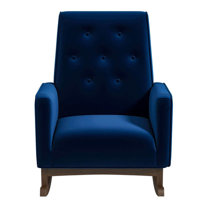Demetrius Solid Wood Rocking Chair in blue tufted-back upholstery with wooden rockers on Tampa Home & Garden Store