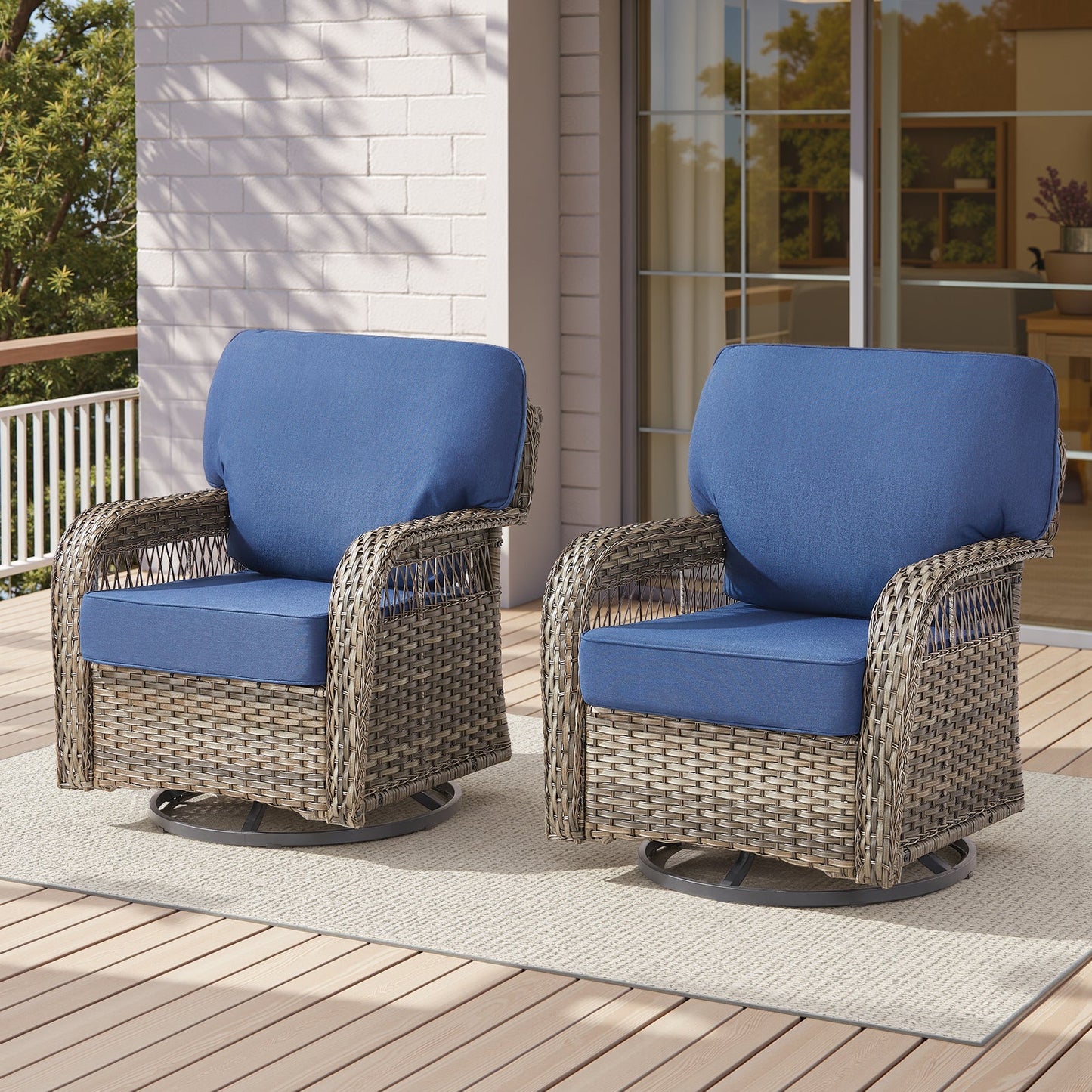 Outdoor Glider Chairs Set of 2 with blue cushions on wicker frames and circular glider bases on Tampa Home & Garden Store