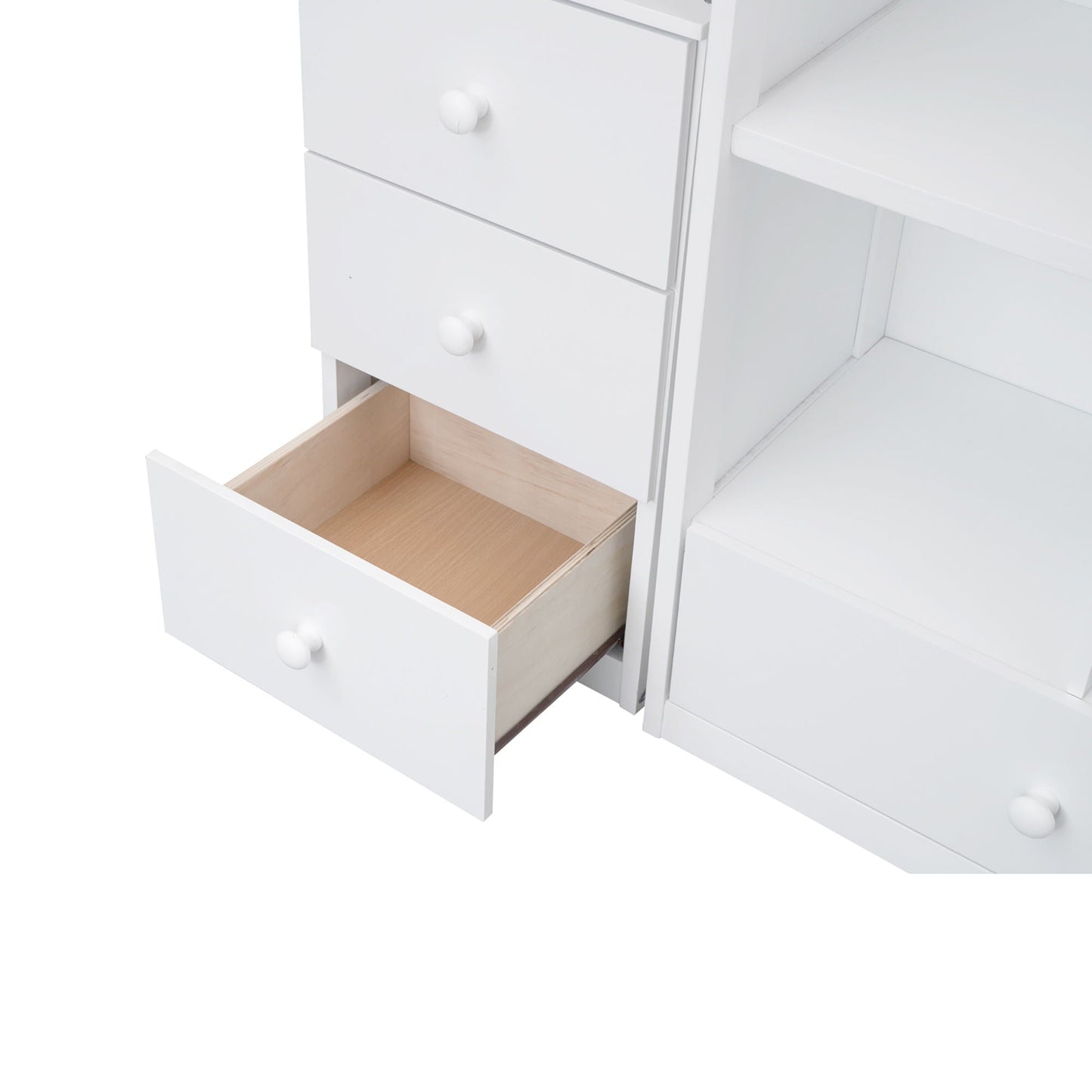 Loft bed with L-shaped desk and white 3-drawer chest; bottom drawer open to wood interior on Tampa Home & Garden Store