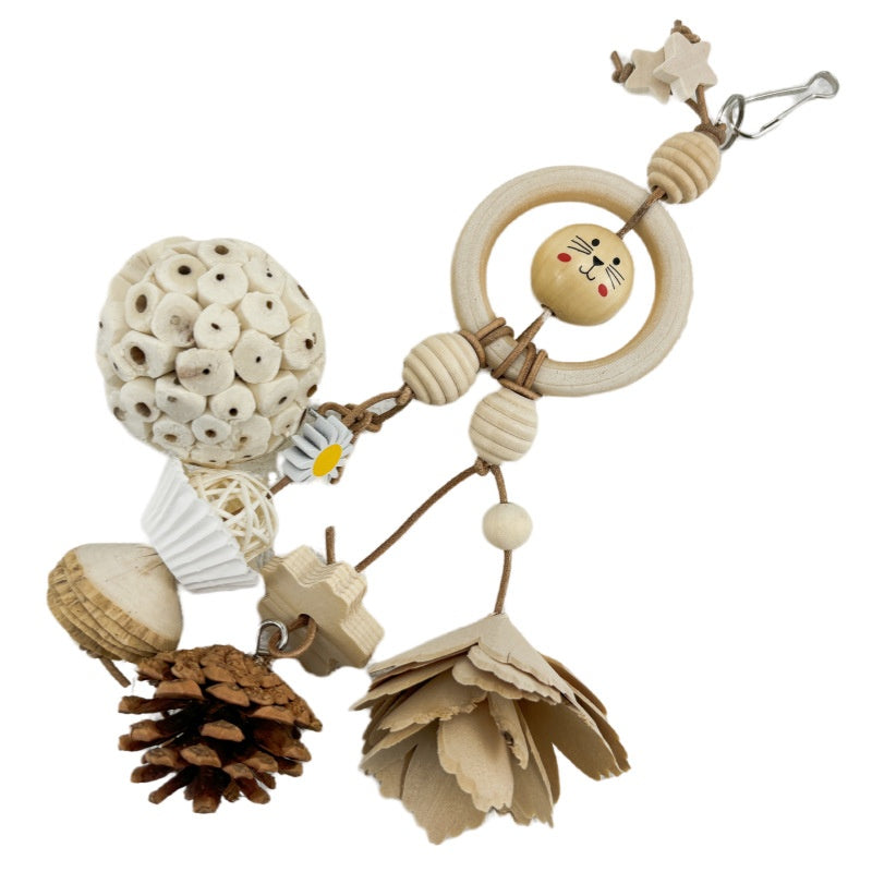 Parrot toy natural ricepaper pith ball with wooden ring, pine cone, paper flower and beads on Tampa Home & Garden Store