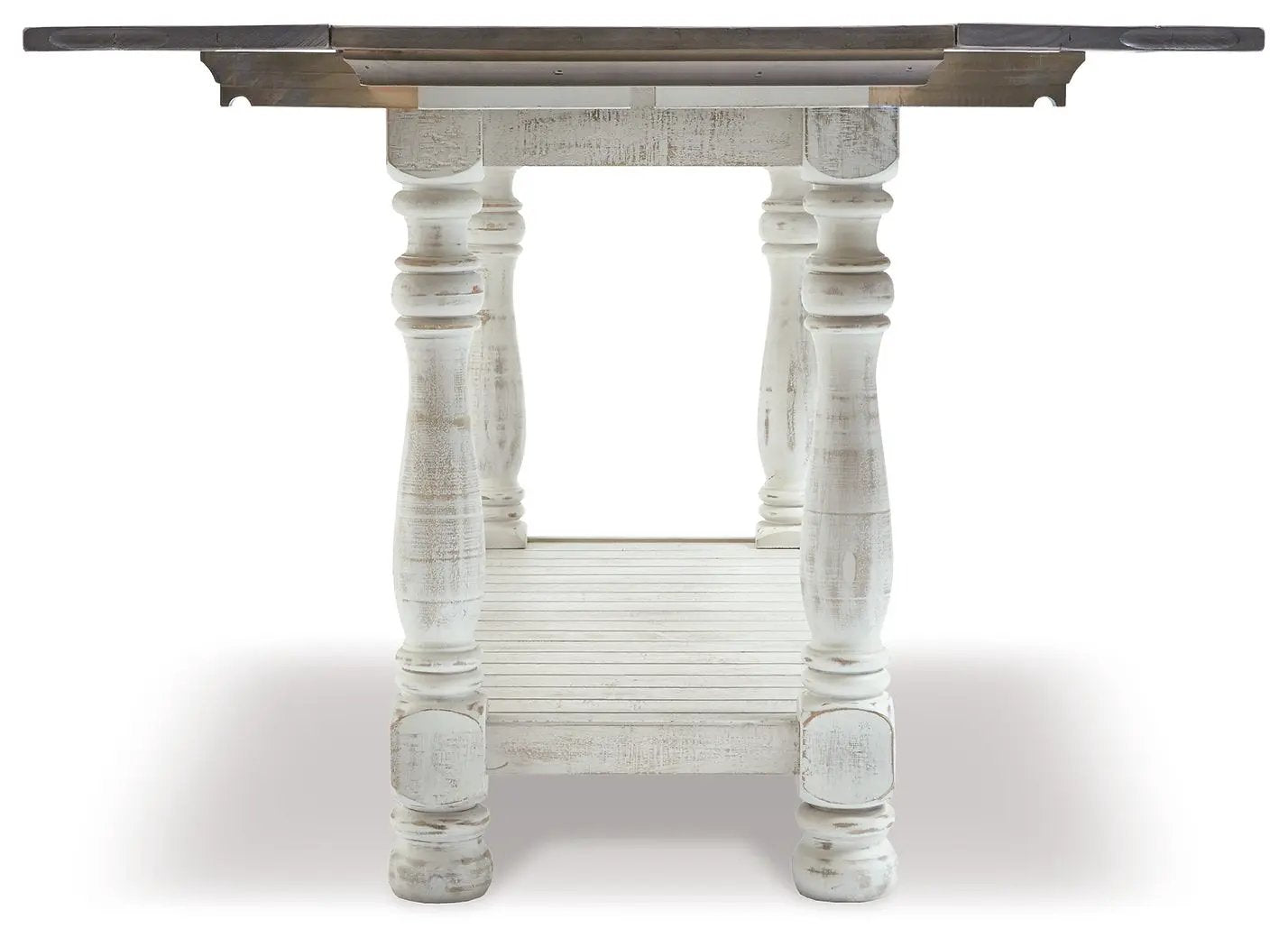 Havalance flip top sofa table in distressed gray/white with dark wood top and carved turned legs on Tampa Home & Garden Store