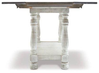 Havalance flip top sofa table in distressed gray/white with dark wood top and carved turned legs on Tampa Home & Garden Store