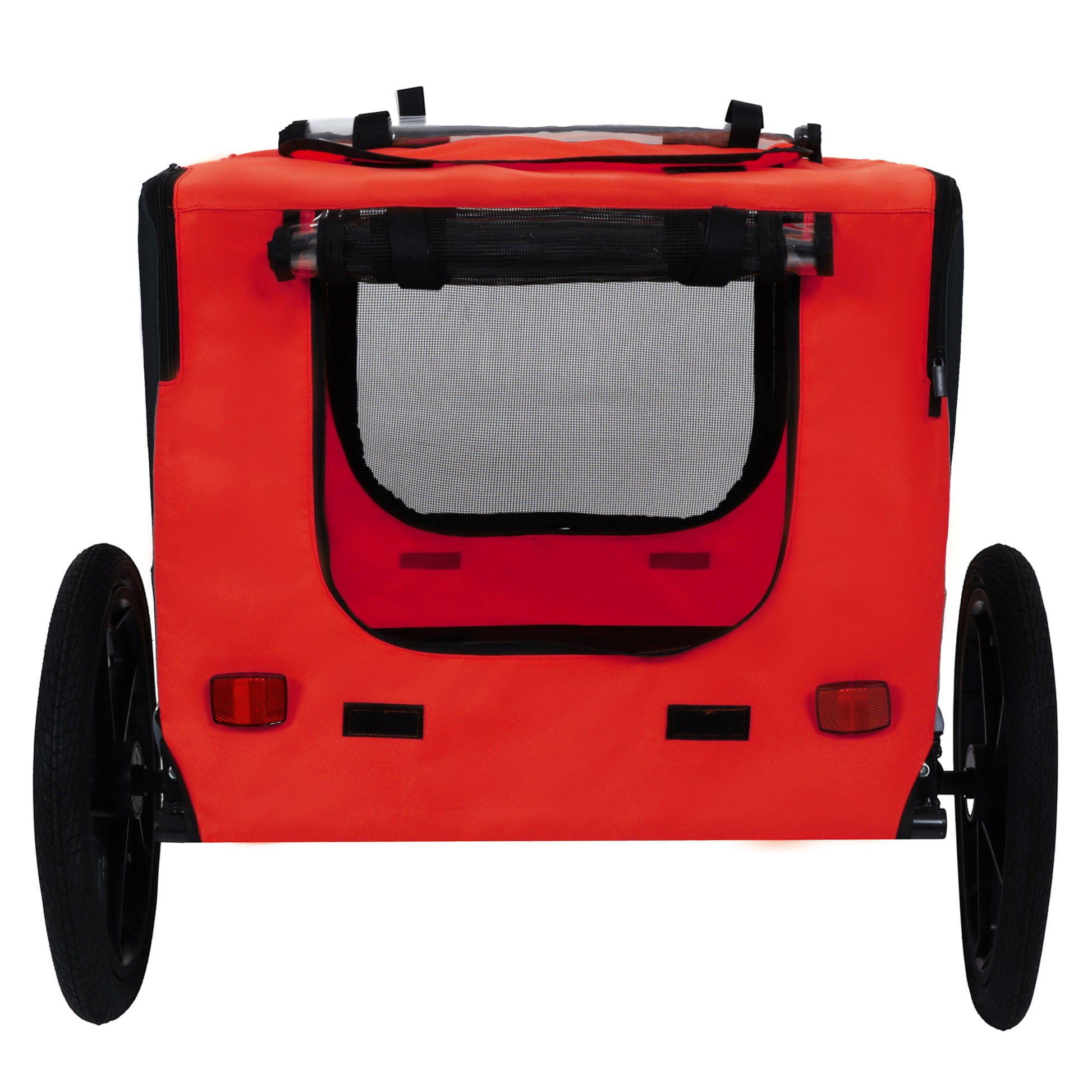 Pet bike trailer by HouseOfZazla; red fabric trailer with mesh window, wheels and black handles on Tampa Home & Garden Store