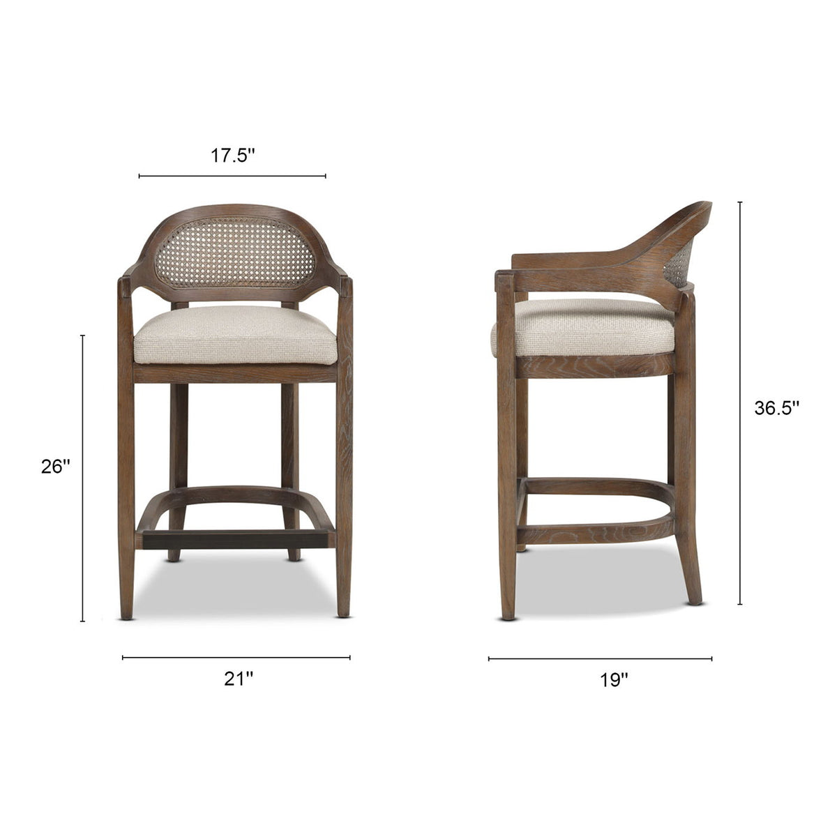Mid-century cane-back counter stool pair, beige cushions, wood frame, HouseOfZazla on Tampa Home & Garden Store