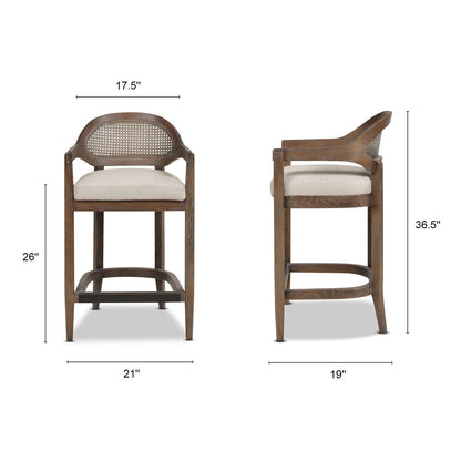 Mid-century cane-back counter stool pair, beige cushions, wood frame, HouseOfZazla on Tampa Home & Garden Store