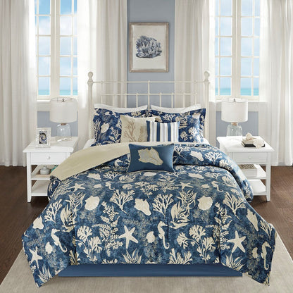 7 Piece Cotton Sateen Comforter Set Blue Cal King with marine seashell and starfish print on Tampa Home & Garden Store
