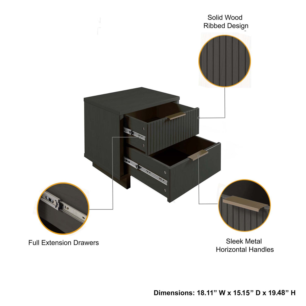 Granville Nightstand 2-drawer solid wood dark finish with ribbed fronts by HouseOfZazla on Tampa Home & Garden Store