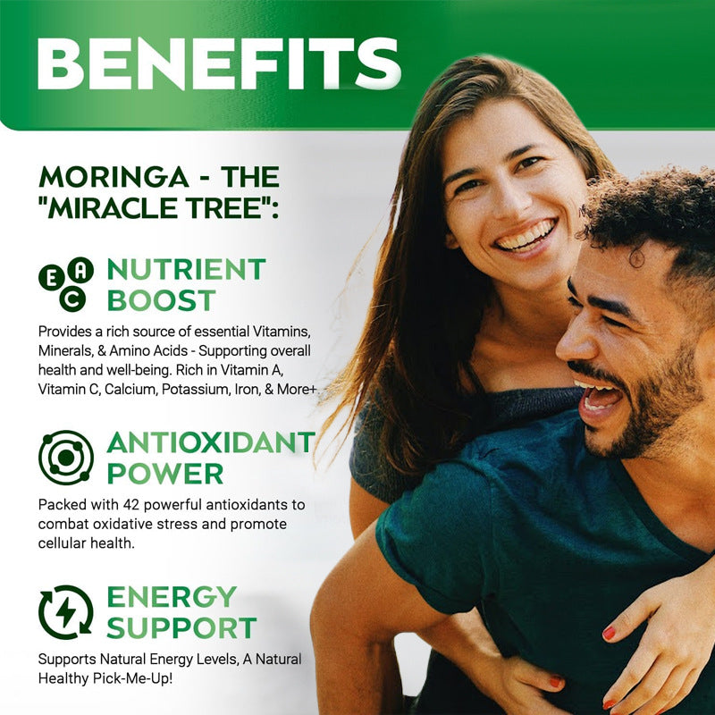 Perfecsy Moringa Leaf Capsules benefits banner with smiling couple and Nutrient Boost on Tampa Home & Garden Store