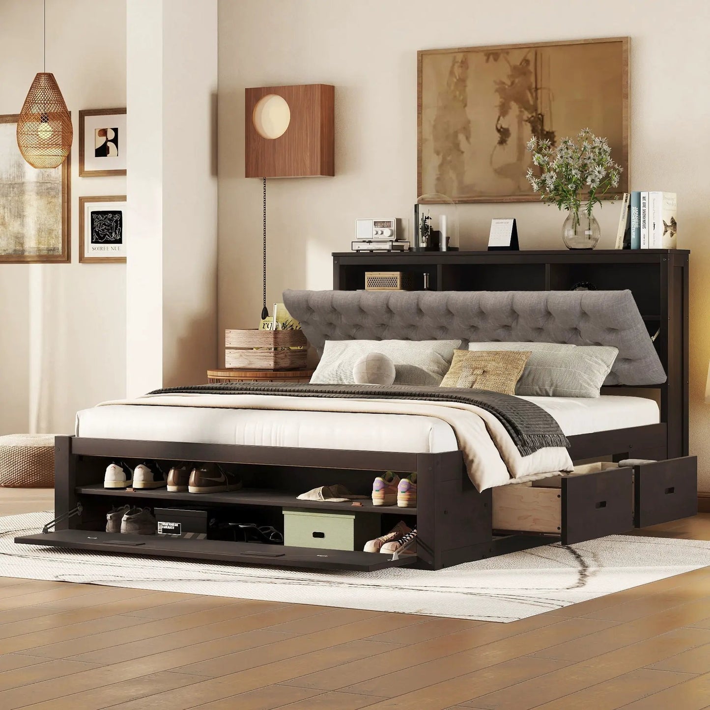 Platform bed with storage headboard, shoe rack and 4 drawers by Unique Piece Furniture on Tampa Home & Garden Store