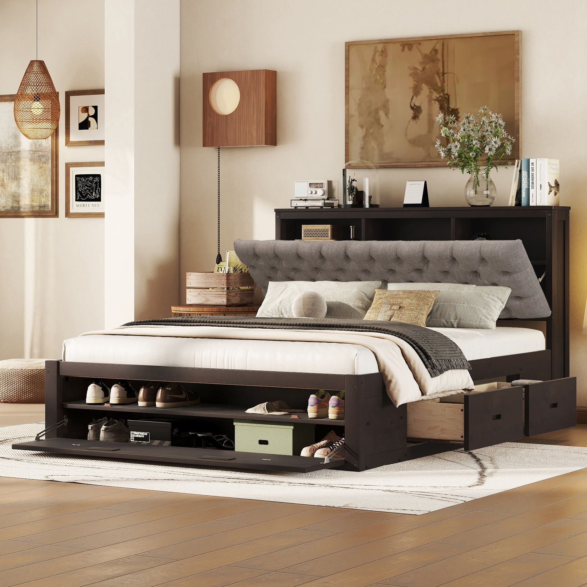 Platform bed with storage headboard, shoe rack and four drawers in dark wood by HouseOfZazla on Tampa Home & Garden Store