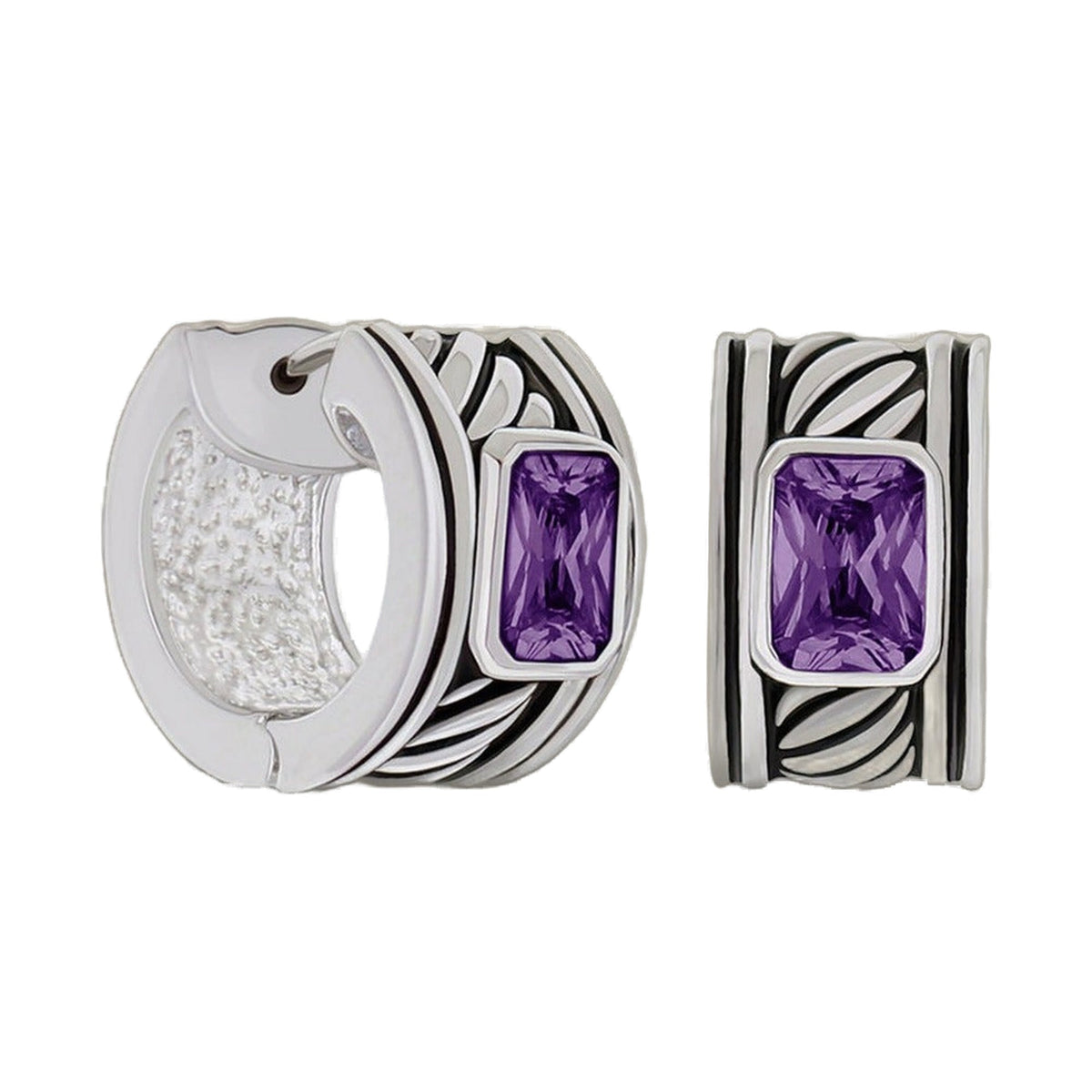 Antique CZ Huggies: silver-tone hoops with clear pave and purple stones pair on Tampa Home & Garden Store