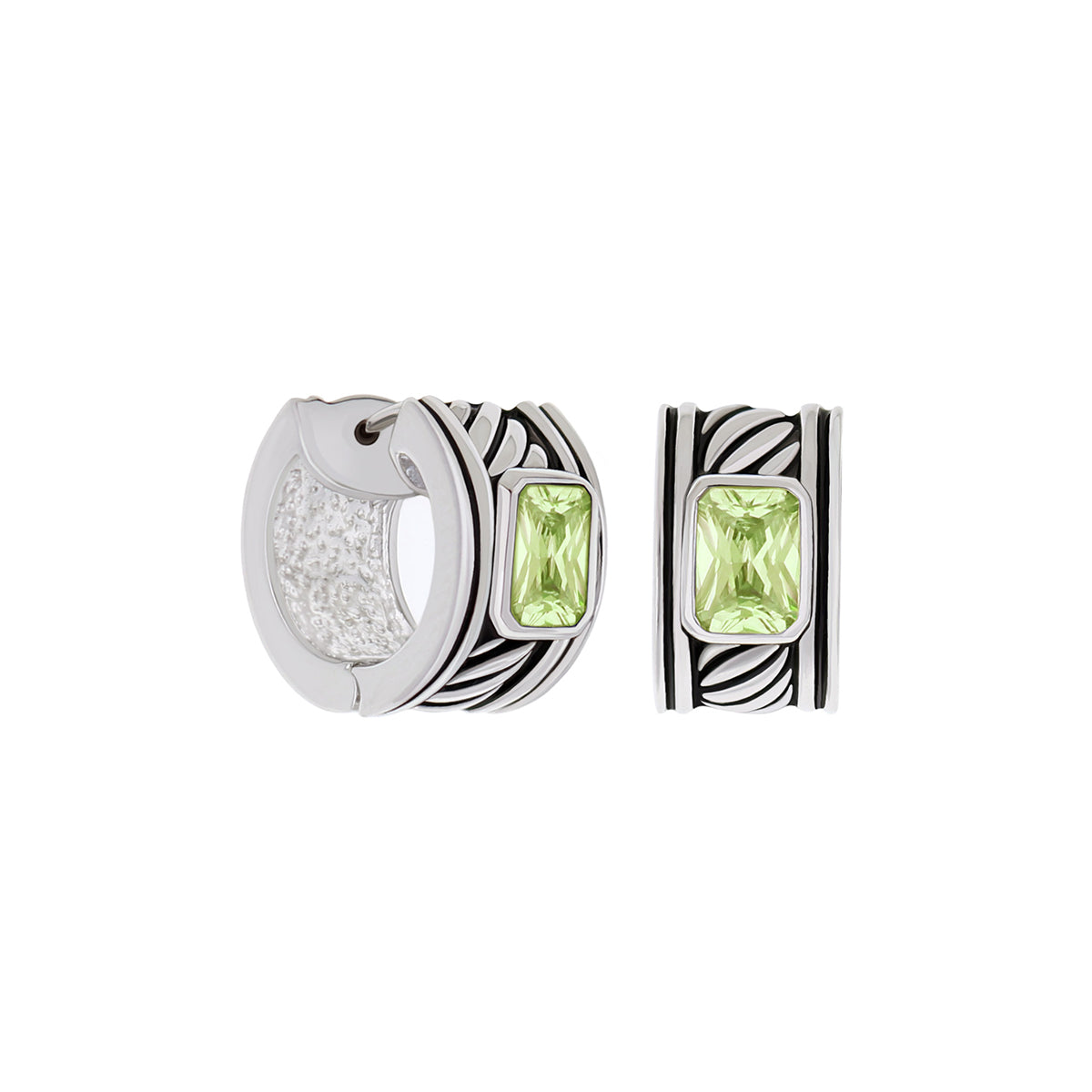 Antique CZ Huggies earrings, pair Lauren G Adams, silver hoops with lime green CZ stones on Tampa Home & Garden Store