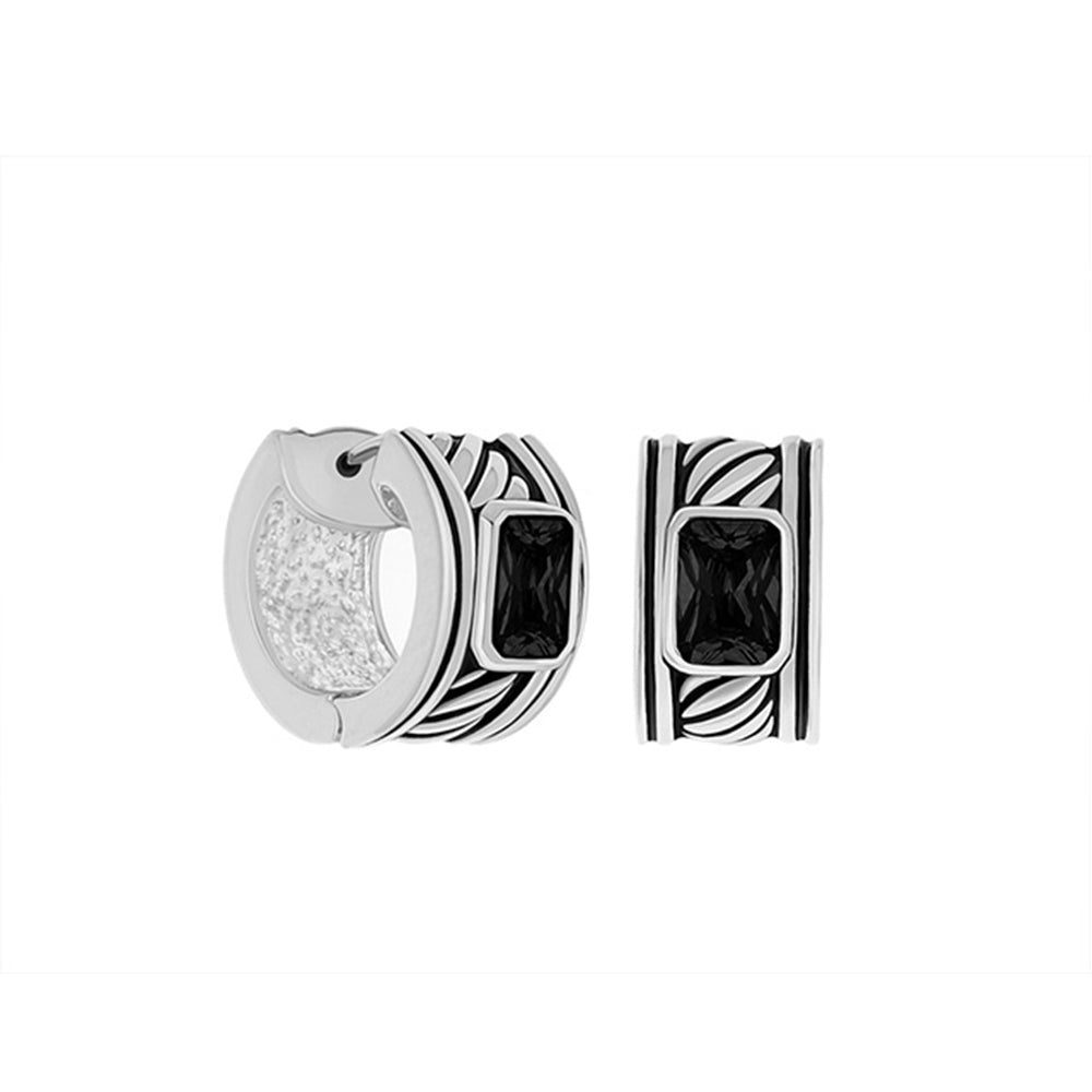 Huggie earrings by Lauren G Adams, antique CZ design with black square stone and silver-tone pattern on Tampa Home & Garden Store