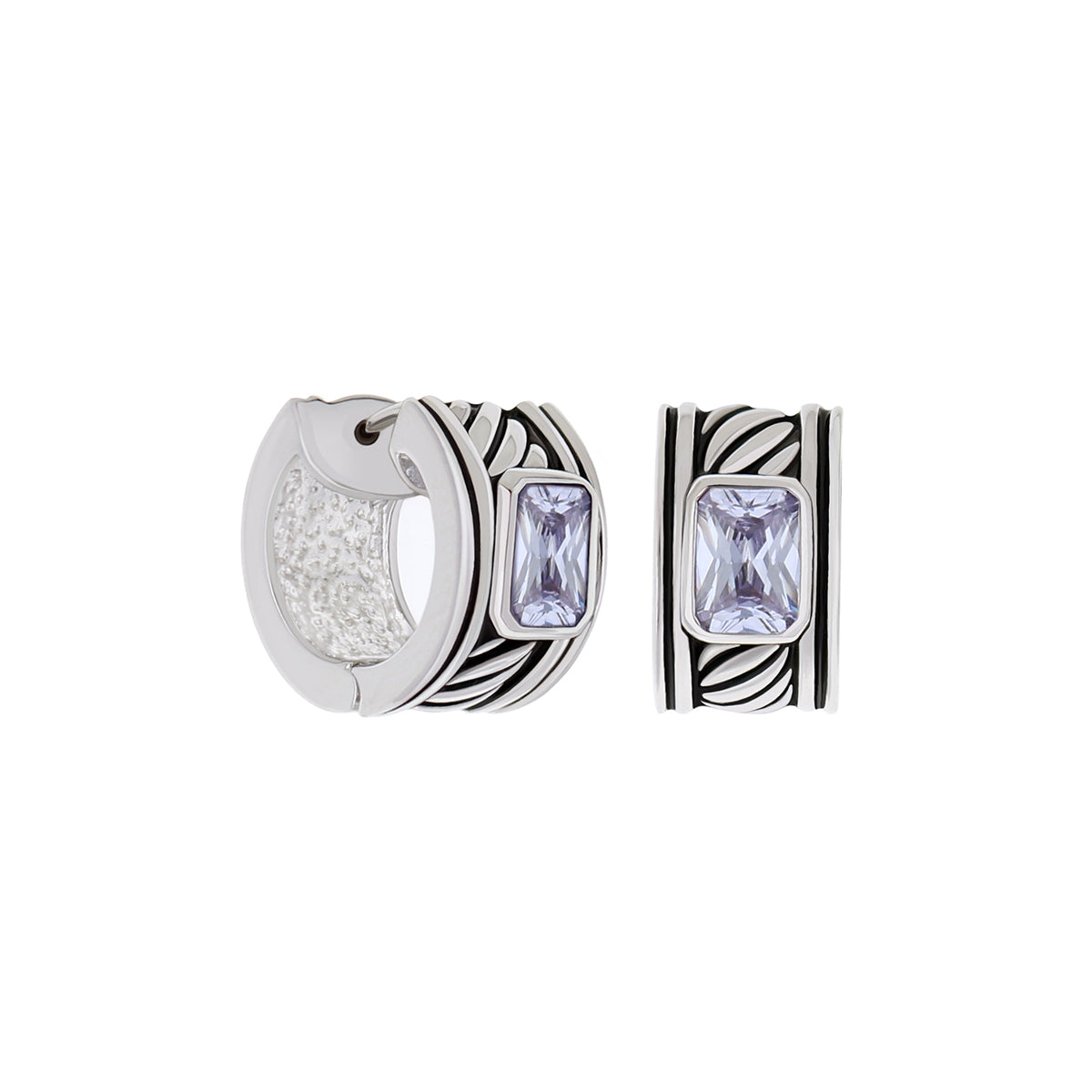 Antique CZ Huggies earrings by Lauren G Adams lavender cushioncut stones and striped silver hoops on Tampa Home & Garden Store