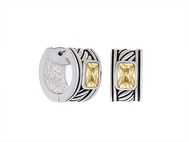 Antique Cz Huggies earrings by Lauren G Adams with striped silver hoops and yellow square CZ on Tampa Home & Garden Store