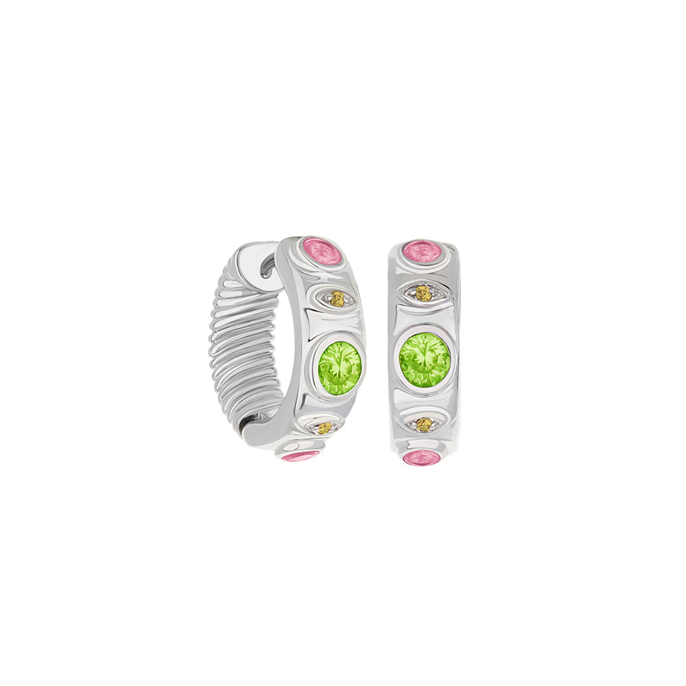 Huggie earrings pair by Lauren G Adams in silver with pink, lime green, and yellow stones on Tampa Home & Garden Store