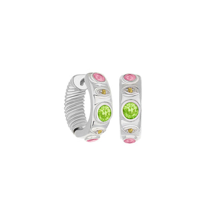 Huggie earrings pair by Lauren G Adams in silver with pink, lime green, and yellow stones on Tampa Home & Garden Store