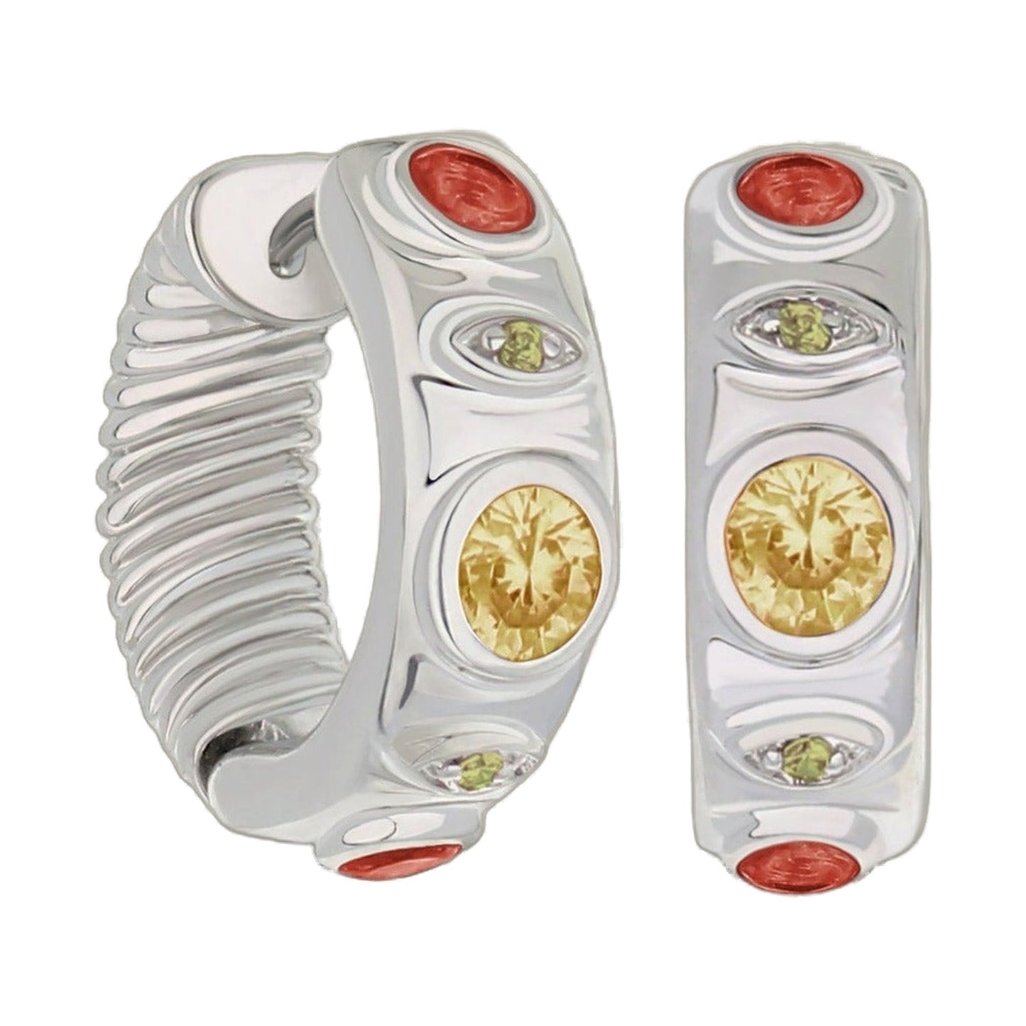 Huggie earrings pair by Lauren G Adams, multi-color design with red cabochons and yellow crystals on Tampa Home & Garden Store