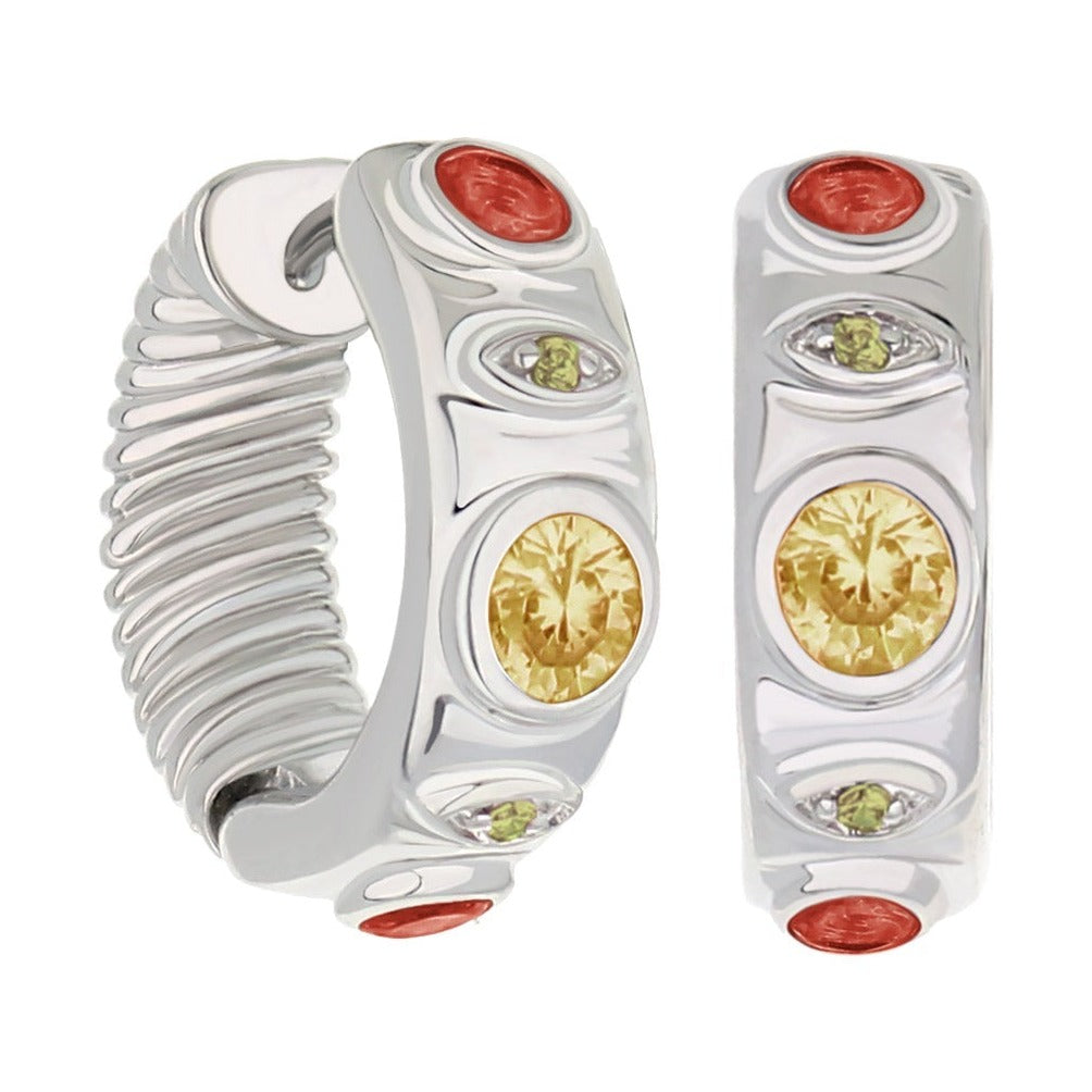 Huggie earrings by Lauren G Adams, silver-tone hoops with red, yellow and green crystals, pair on Tampa Home & Garden Store